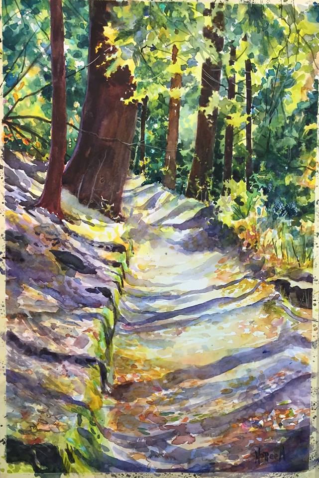 A painting of a trail in the woods with the trees hanging low